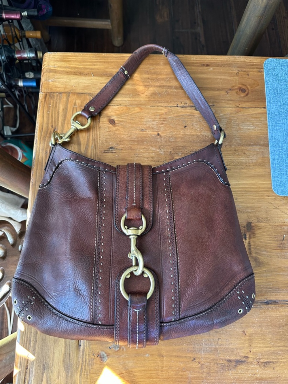 Coach Brown Leather Shoulder Hobo with Brass Ring Accent